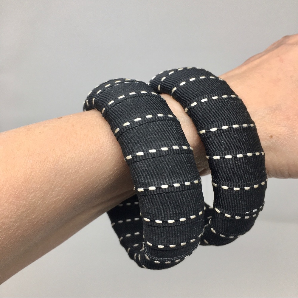 Pair Black Grosgrain Ribbon Wrapped Cream Contrast Stitching Bangle Bracelets